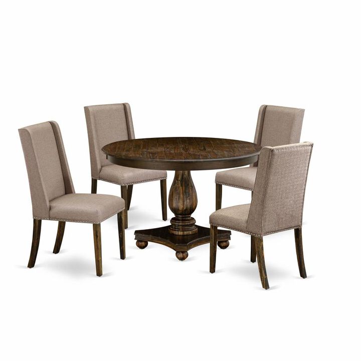 East West Furniture 5 Piece Dining Room Table Set Includes a Modern Dining Table and 4 Dark Khaki Linen Fabric Parson Chairs with High Back - Distressed Jacobean Finish