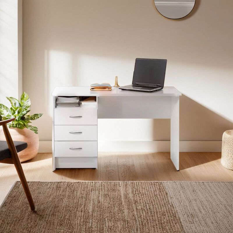 FurniFact Sleek White Computer Desk with Three Drawers and Open Shelf for Storage