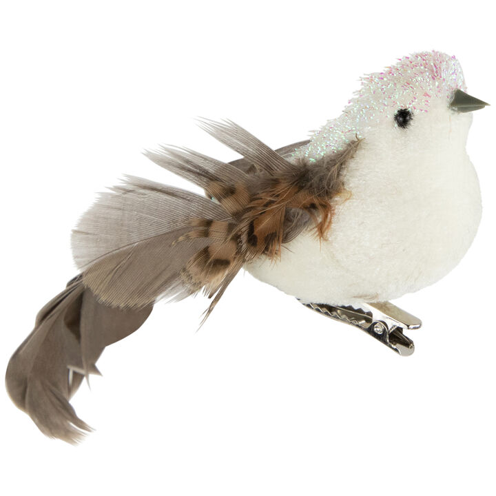 6" White and Brown Bird with Clip and Feathers Christmas Ornament