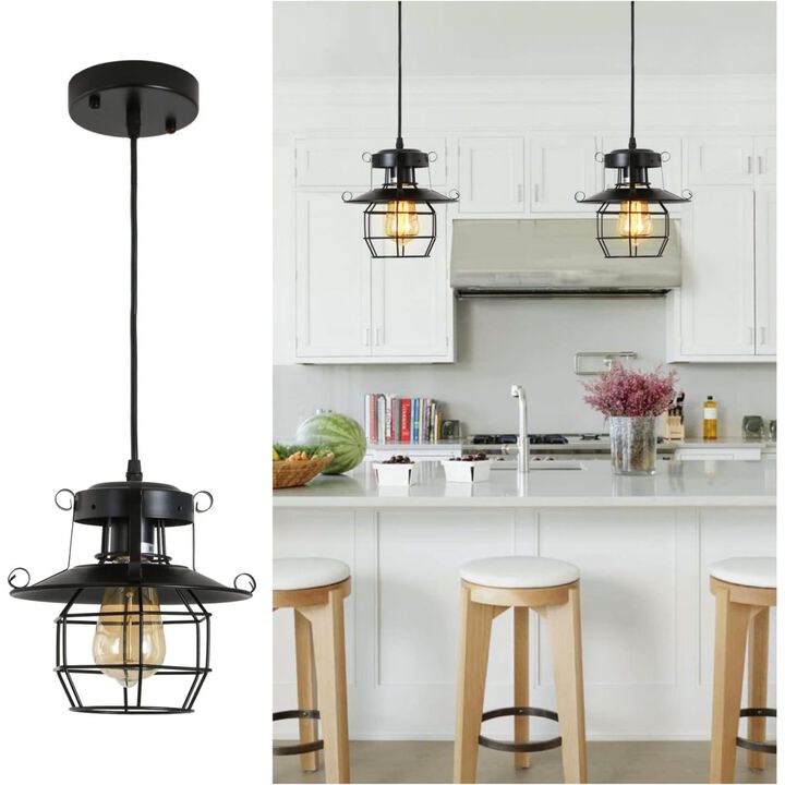 DGY Vintage Farmhouse Pendant Light Rustic Metal Caged Pendant Lights Black Cage Hanging Lamp for Kitchen Island Entryway Bedrooms Living Room Barn, Adjustable Height E26 Bulb (1 Light)