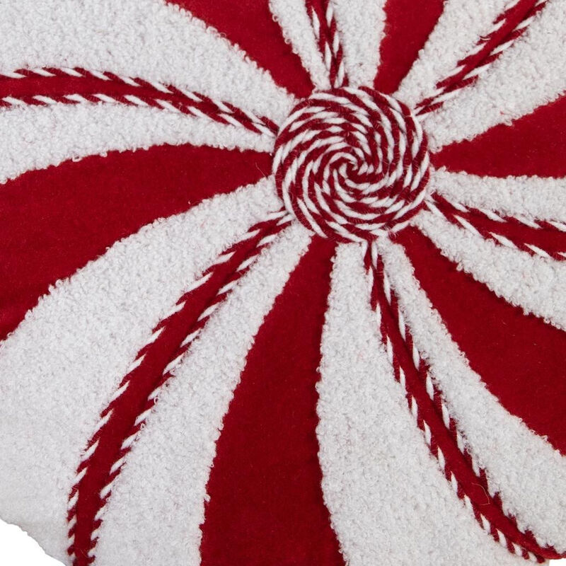 HomeRoots 16" Red And White Cotton Velvet Round Christmas Striped Throw Pillow image number 3