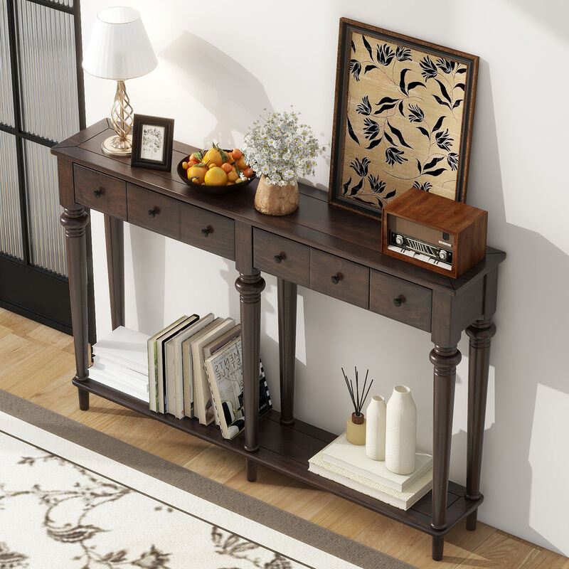 Clihome Entryway Table with 4 Drawers, Retro Console Table with Open Shelf for Entryway