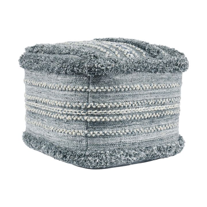 Kobi Square Ottoman Pouf, 18 Inch Blue Polyester, Boho Knitted Texture - Benzara