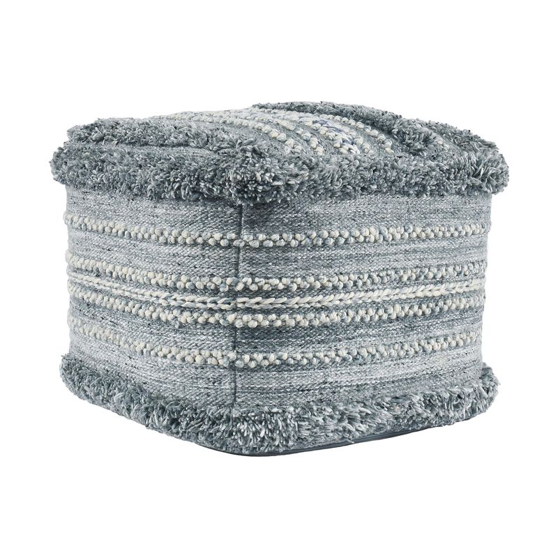 Kobi Square Ottoman Pouf, 18 Inch Blue Polyester, Boho Knitted Texture - Benzara