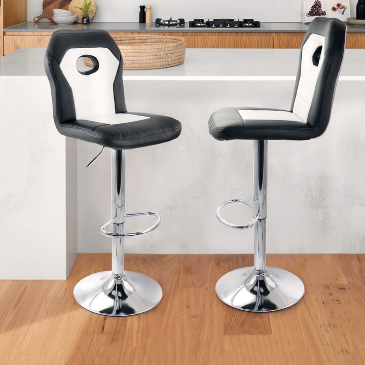 Elama 2 Piece Faux Leather Adjustable Bar Stool in Black and White with Chrome Trim and Base