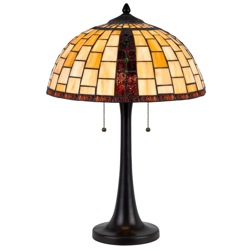 24 Inch Table Lamp, Tiffany Style Stained Glass, Pull Chain, Black Resin - Benzara