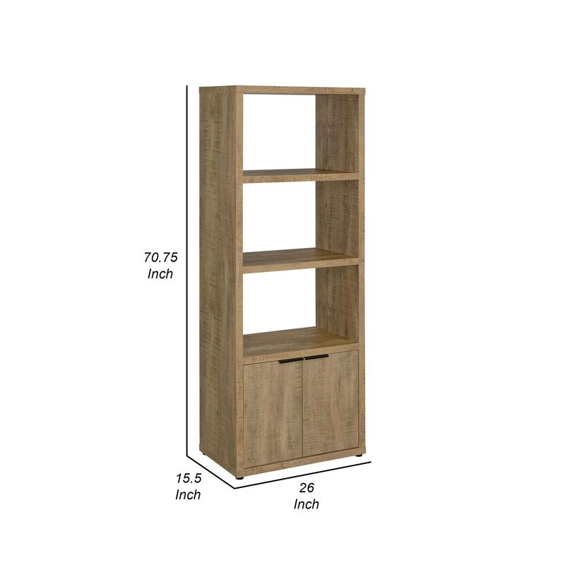 Tag 71 Inch Media Tower with 3 Shelves, 2 Doors, MDF Wood, Mango Brown - Benzara