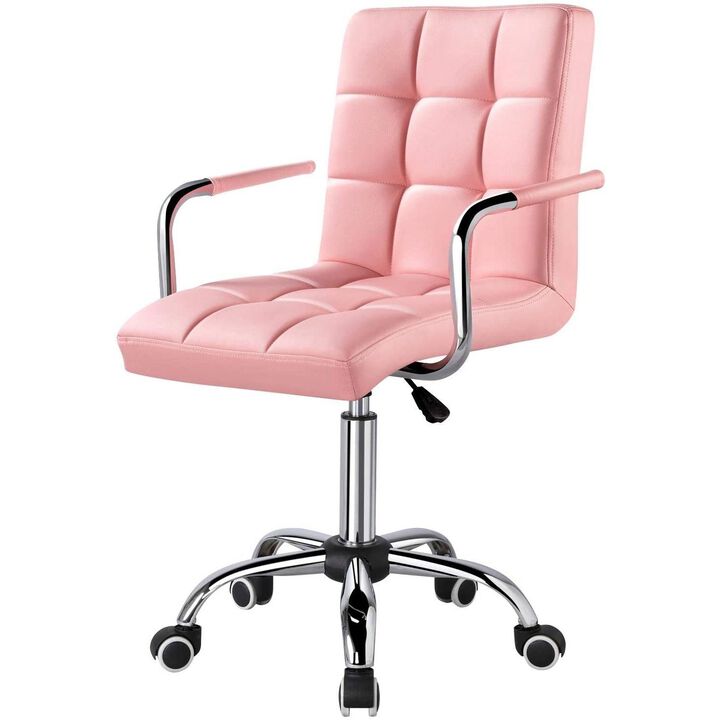 Hivvago Pink Modern Faux Leather Mid-Back Swivel Office Chair with Armrests and Wheels