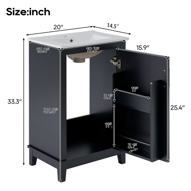 Whisen 20" Bathroom Storage Cabinet Bathroom Vanity with Ceramic Sink and Soft Close Door