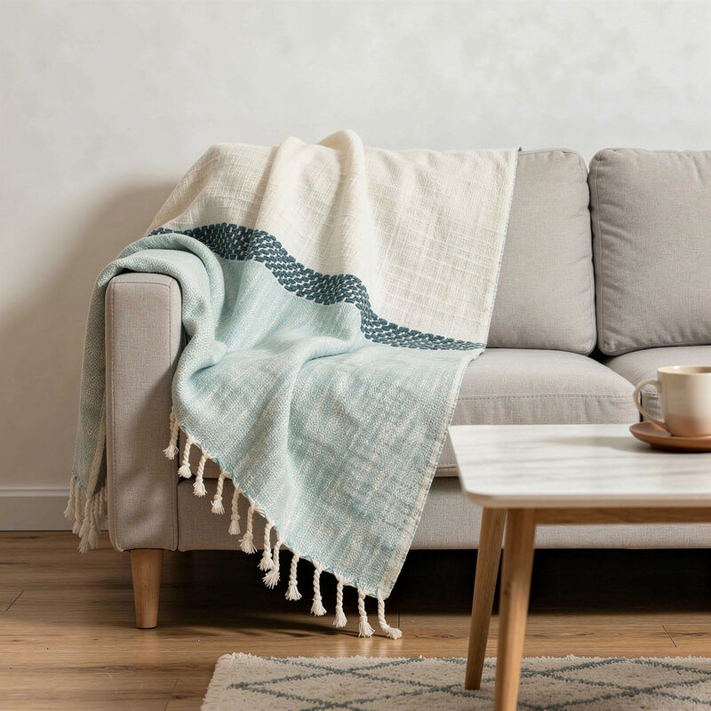 HomeRoots 50" X 60" Blue Cotton Woven Color Block Throw Blanket with Fringe image number 1