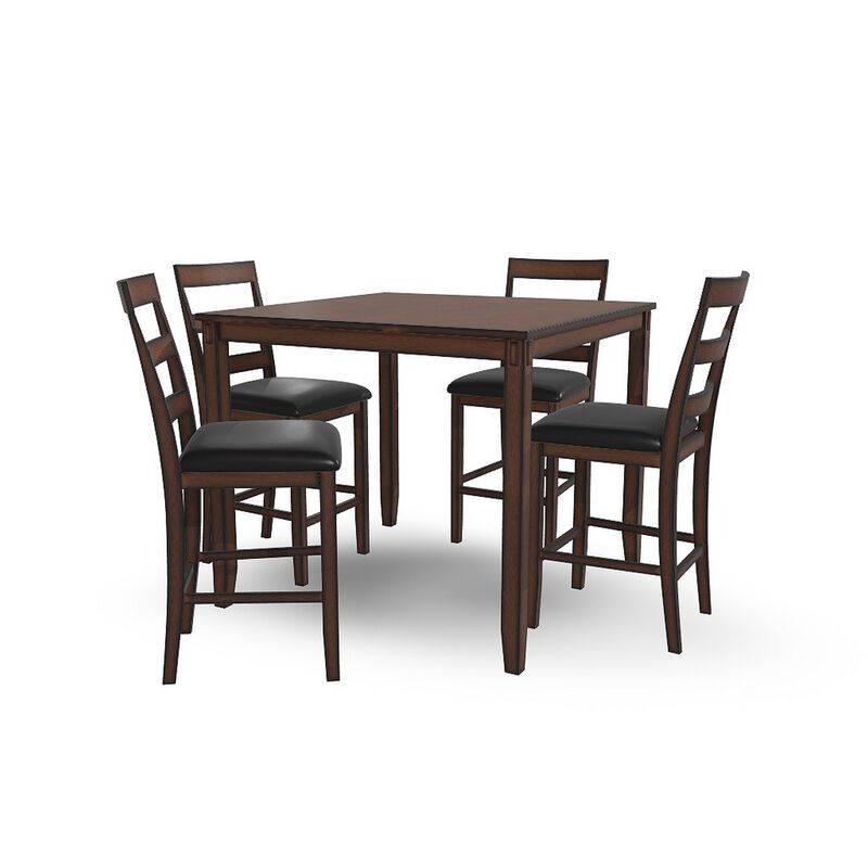 Covvi 5pc Counter Height Dining Table Set, Ladder Chairs, Brown Wood - Benzara