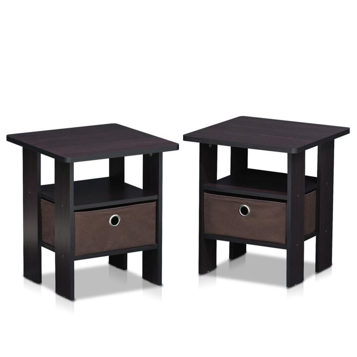 Furinno Andrey Set of 2 End Table / Side Table / Night Stand / Bedside Table with Bin Drawer, Dark Walnut