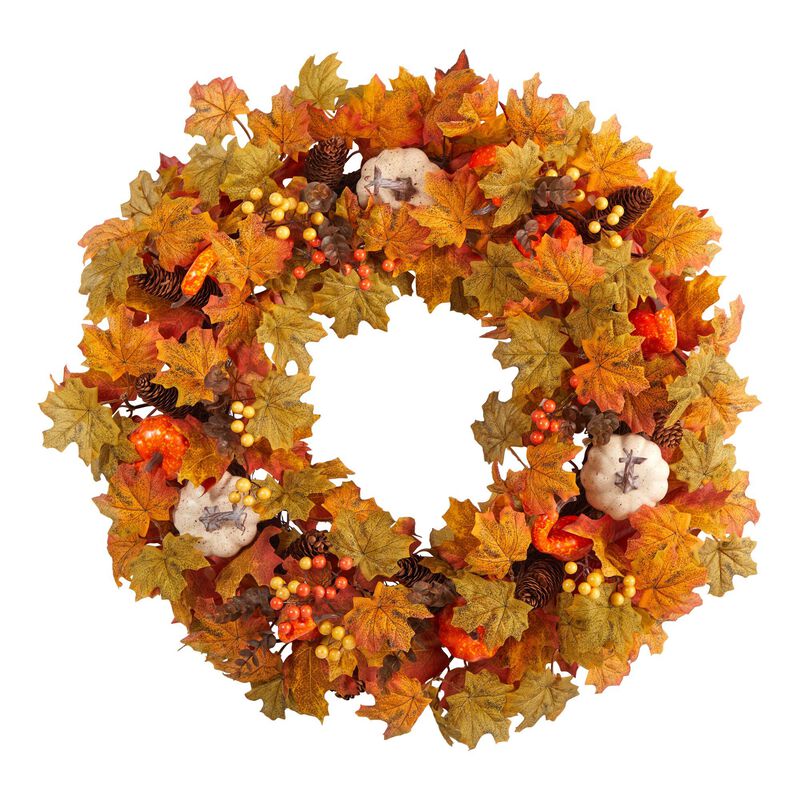 Nearly Natural 30-in Autumn Pumpkin and Maple Leaf Artificial Fall Wreath image number 0