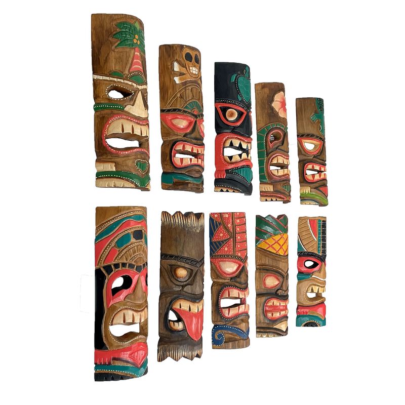 Set Of 10 Hand-Carved Tropical Island Style Tiki Masks Decorative Wall Hangings image number 1