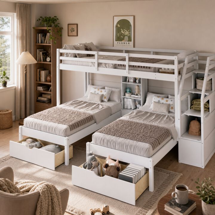 Whisen Twin over Twin Bunk Bed with Drawers, Slide & Shelves, Solid Pine for Kids Bedroom