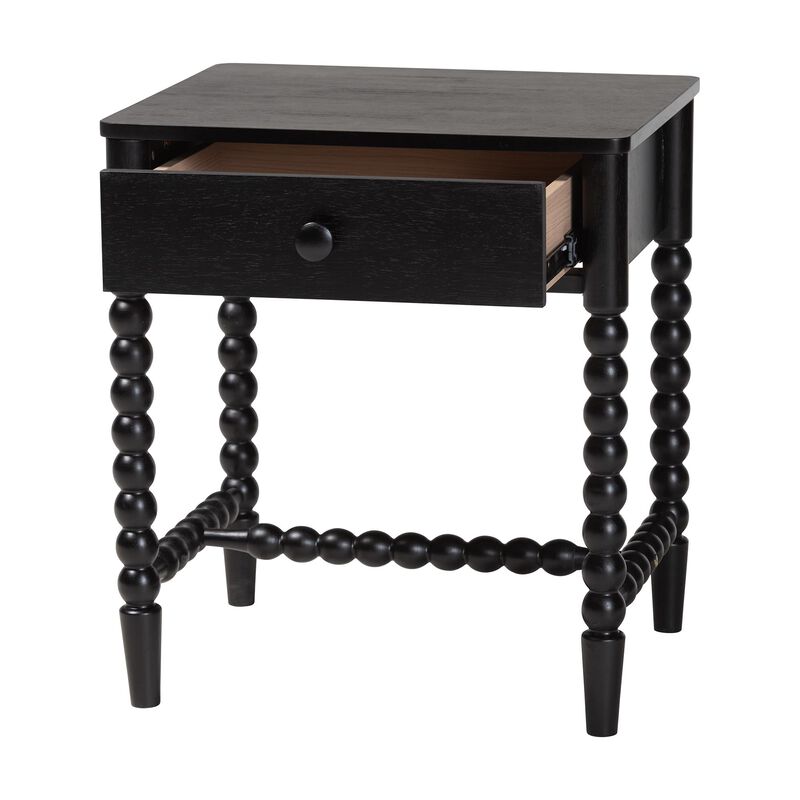 Baxton Studio Brantley Spindle Nightstand - 1-Drawer Bedside Table with Beaded Frame and Open Base for Bedroom image number 1