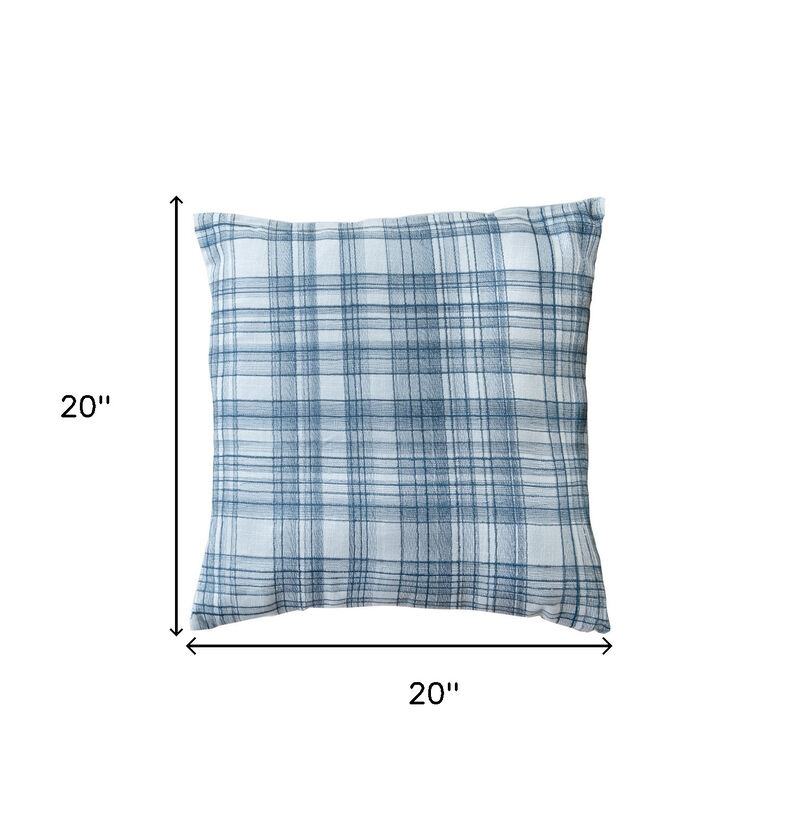 HomeRoots 20" Blue Check Cotton Blend Throw Pillow With Embroidery image number 3