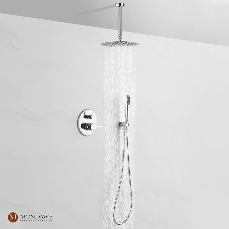 Mondawe Round 1-Spray Patterns Balance Valve Shower Faucets Set with 2.5 GPM Ceiling Mount Dual Shower Heads in Chrome