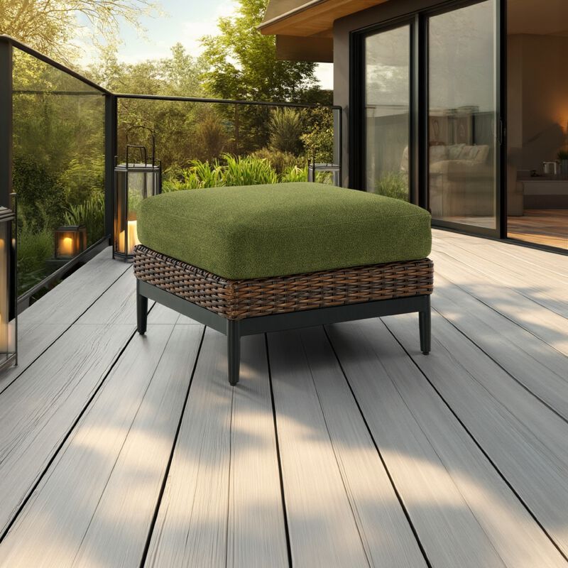Izon Outdoor Ottoman, Brown Woven Wicker, Green Polyester, 28 Inch - Benzara