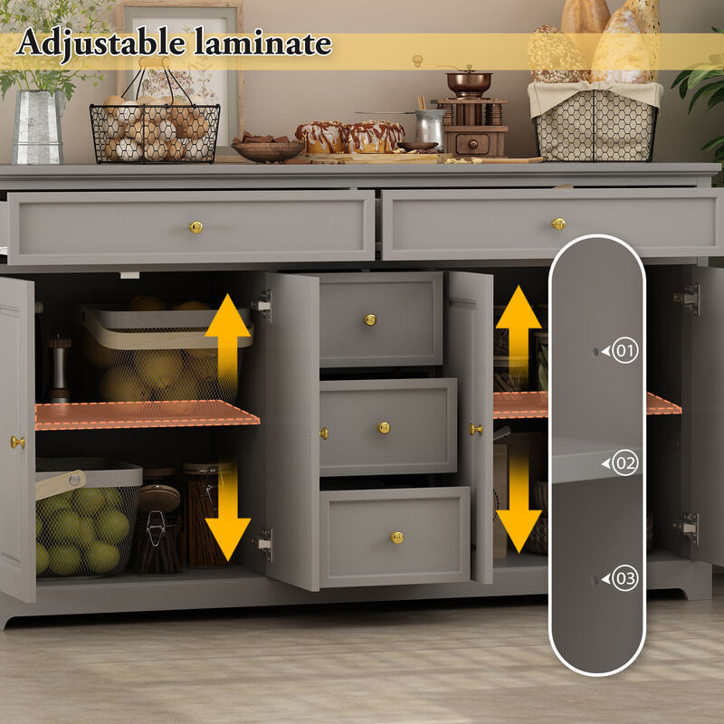 Gray Wood 59.1 in. W Sideboard with 2 Large Drawers, 3 Small Drawers and 2 Cabinets 33.5 in. H x 15.7 in. D