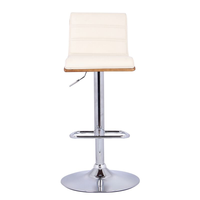 Wooden Support Faux Leather Barstool with Pedestal Base, Cream and Chrome - Benzara