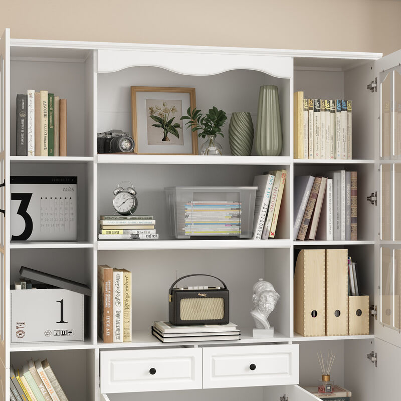 FUFU&GAGA Elegant Bookcase Cabinet with Glass Doors and 6 Drawers – Adjustable Shelves, P2 MDF, Modern Storage Solution for Living Room, Study, or Dining Area , (94.5”W x 78.7”H x 15.7”D),White