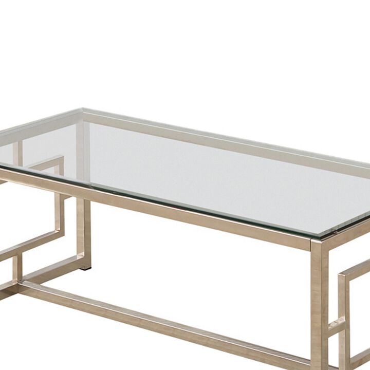 Tempered Glass Top Coffee Table with Lattice Cut Outs, Silver and Clear