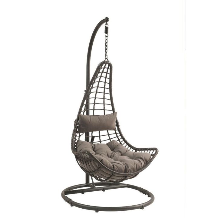 Uzae Patio Hanging Chair with Stand, Gray Fabric & Charcoal Wicker