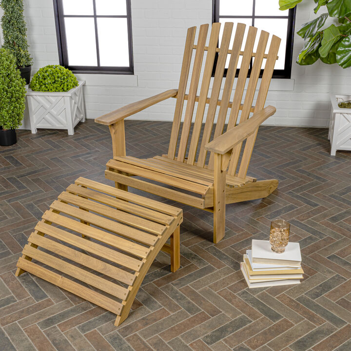 Saranac 2-Piece Traditional Rustic Acacia Wood Adirondack Chair with Detachable Ottoman, White