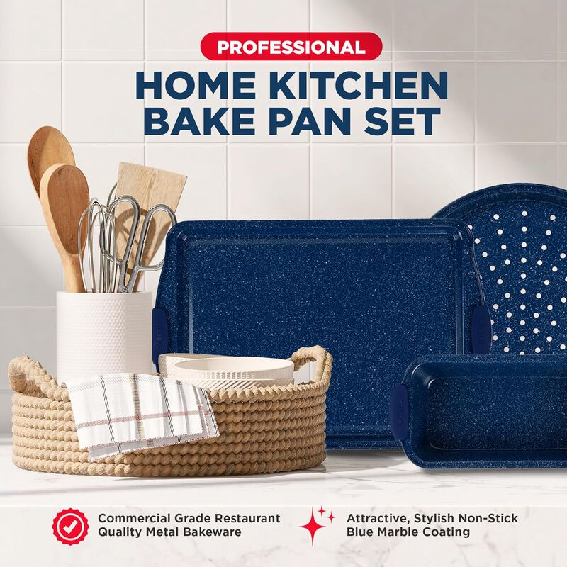 BAKKEN Kitchen Baking Pan Set - Nonstick Coating, Carbon Steel Bakeware Sets with Silicone Handles, Baking Kitchen Essentials, PFOA, PFOS, PTFE Free, Oven Safe Tray (Up To 450° F), Set of 6