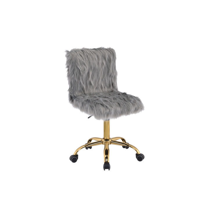 Arundell Office Chair in Gray Faux Fur & Gold Finish OF