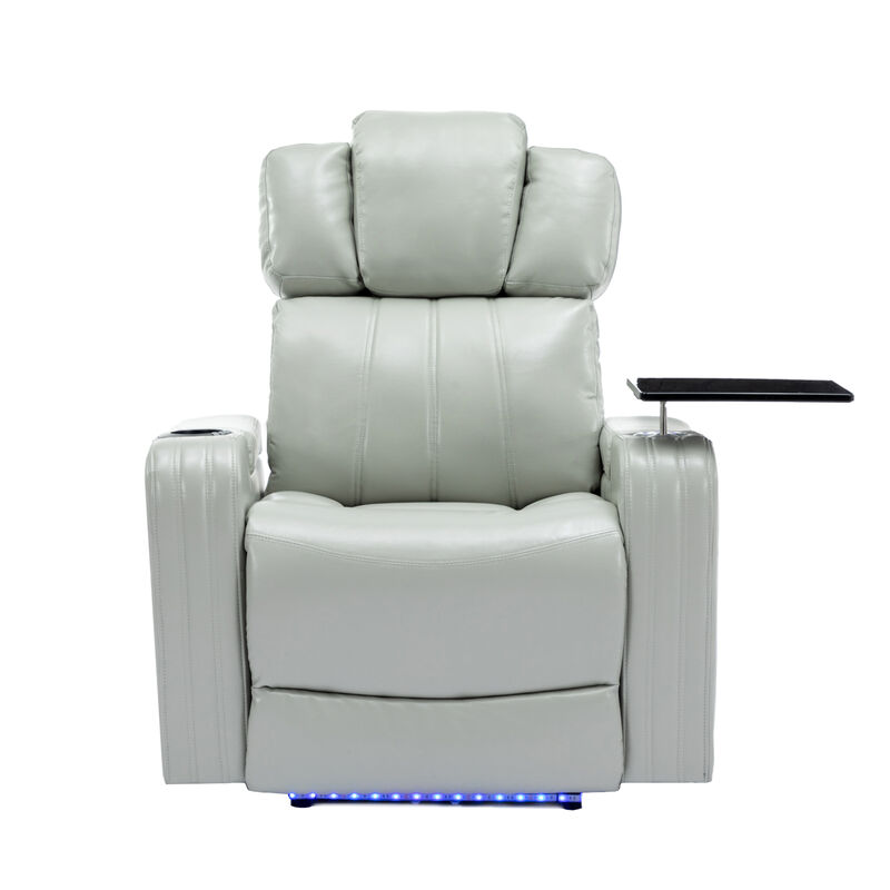 Whisen PU Leather Power Recliner with Cup Holder, Bluetooth Speaker, LED Lights, USB Ports, Tray Table and Arm Storage