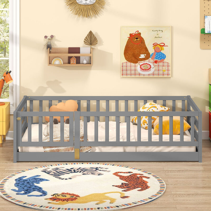 Children&rsquo;s Floor Bed Playhouse with High Fence and Door image number 4