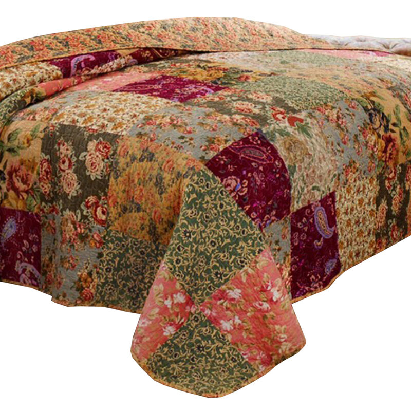 Kamet 2 Piece Fabric Twin Size Quilt Set with Floral Prints, Multicolor - Benzara