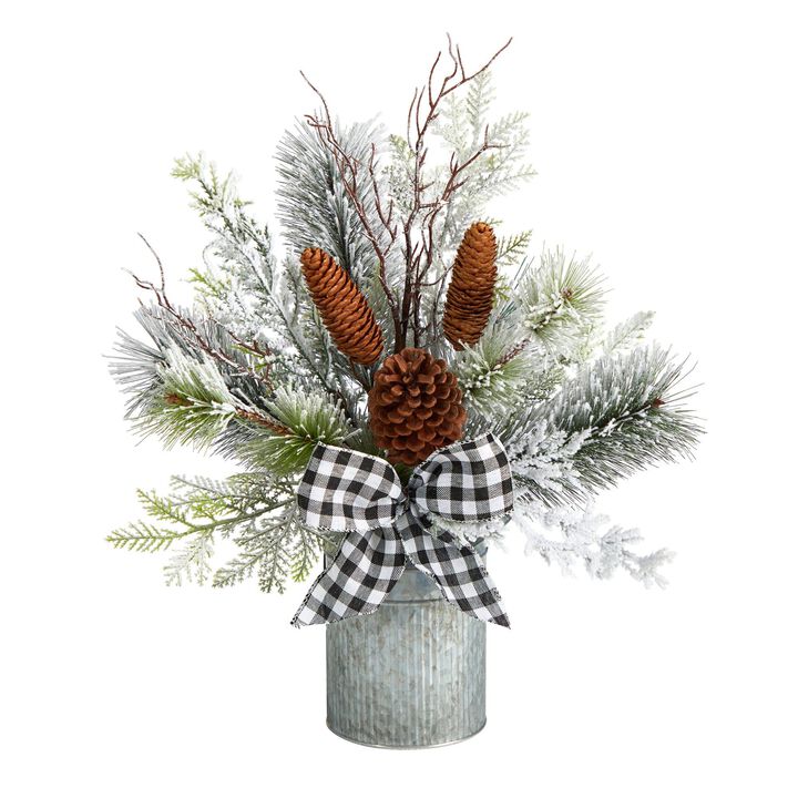 Nearly Natural 20-in Holiday Winter Greenery with Pinecones and Gingham Plaid Bow Table Artificial Christmas Arrangement
