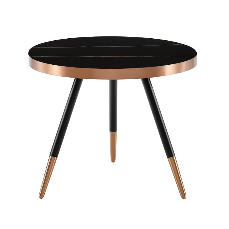Cid Casu Coffee Table, 20 Inch, Round Black Ceramic Top, Rose Gold Accents - Benzara image number 1
