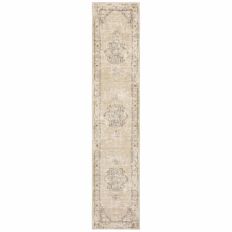 3'X12' Beige And Ivory Center Jewel Runner Rug