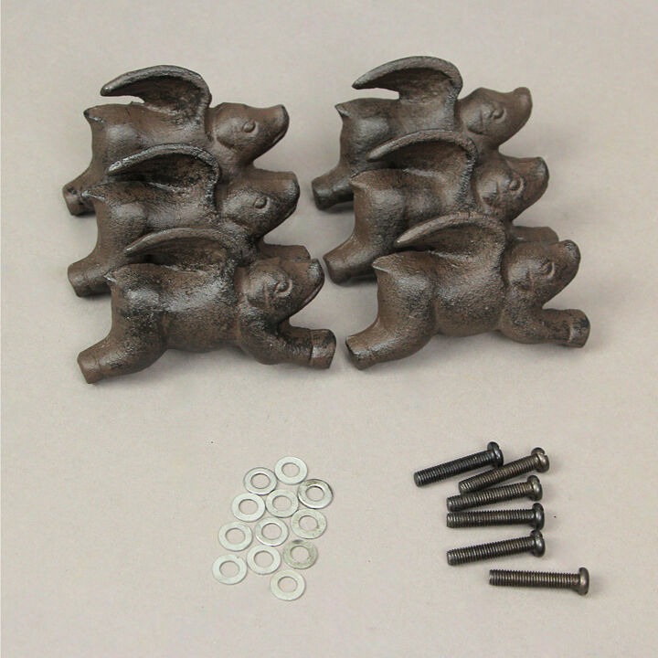 Set of 6 Cast Iron Flying Pig Drawer Pulls Decorative Cabinet Knobs Home Decor