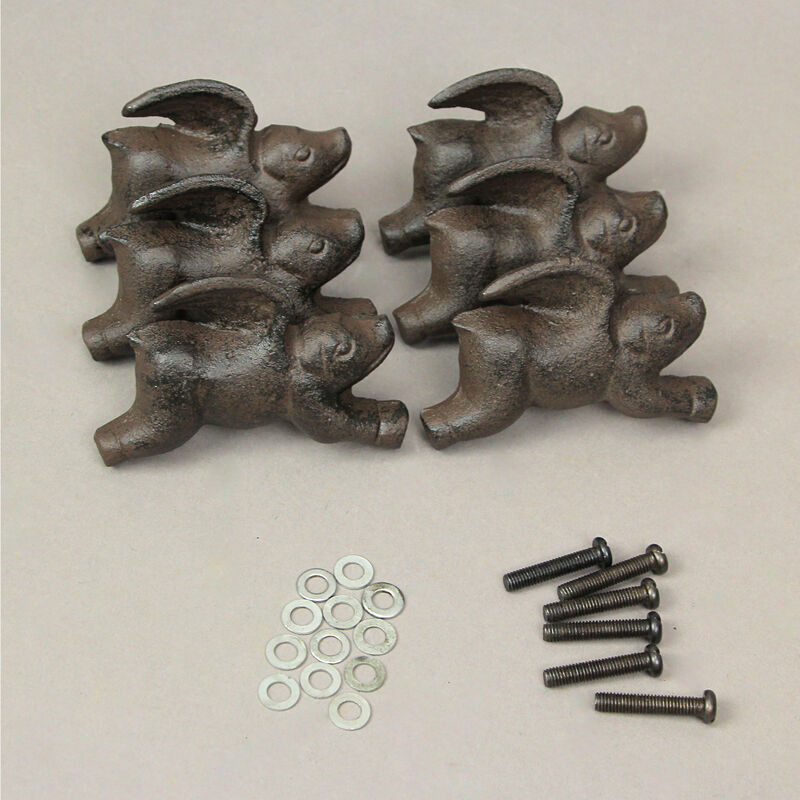 Set of 6 Cast Iron Flying Pig Drawer Pulls Decorative Cabinet Knobs Home Decor image number 1