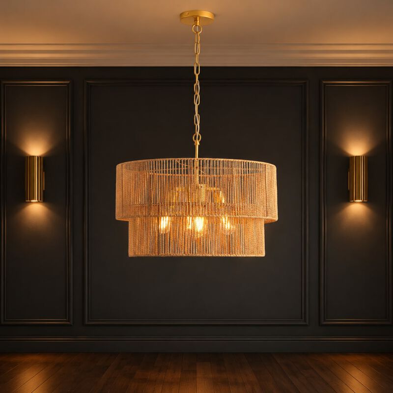 ELEMENT ACE 2-Tier Handwoven Paper Rattan Chandelier Adjustable Height Pendant Light Ceiling Lighting Fixture for Dining Room Kitchen Island Living Room Bedroom image number 2