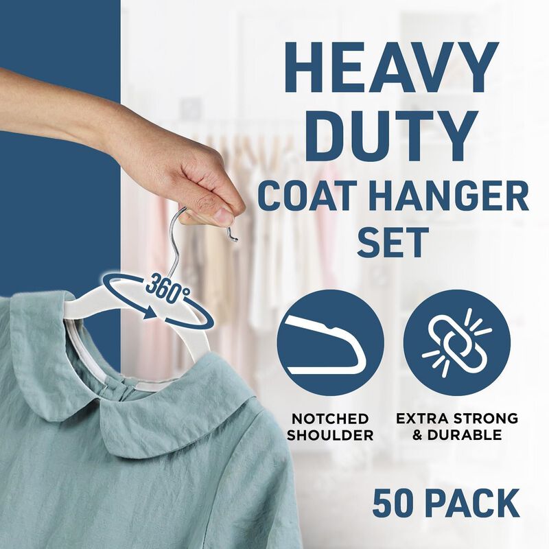Velvet Clothes Hanger &ndash; with 360 Degree Swivel Hook and Non-Slip Shoulder Notch, Holds Up to 10 lbs, Heavy Duty Hanger Set, for Organizing Suit, Dress, Coat, and Clothes, Pack of 50, White