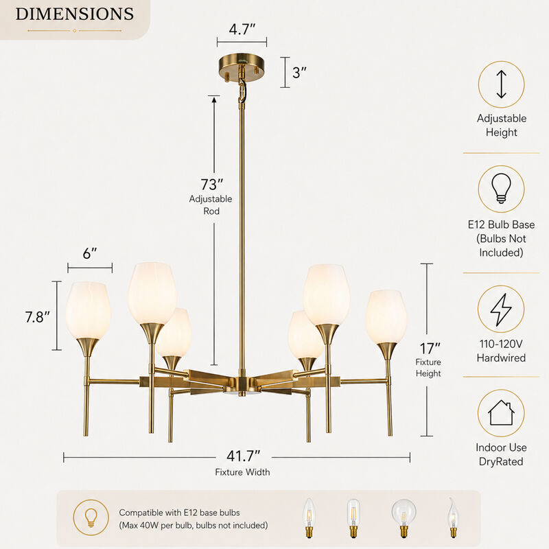 6-Light Classic Warm Brass Chandelier with Opal Glass Shades For Dining Room image number 6