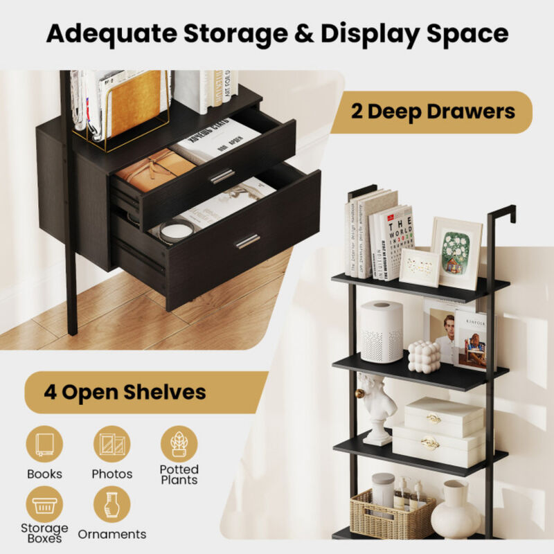 Modern 4-Tier Ladder Bookcase with Drawers, Metal Frame Display Shelf-Black image number 7