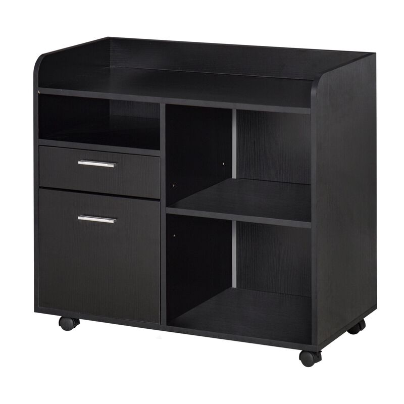 Filing Cabinet Printer Stand Mobile Lateral File Cabinet with 2 Drawers, 3 Open Storage Shelves for Home Office Organization, Black