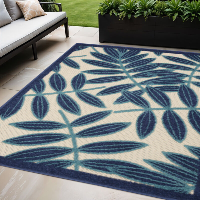 HomeRoots 5' X 8' Navy Blue And Ivory Palm Leaf Indoor Outdoor Area Rug image number 1