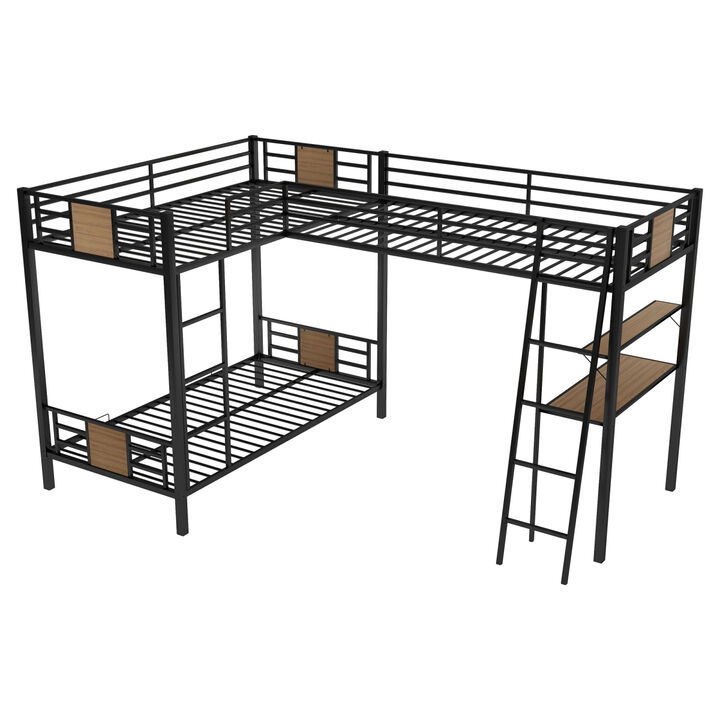 L-Shaped Twin over Twin Bunk Bed with Twin Size Loft Bed with Desk and Shelf, Brown