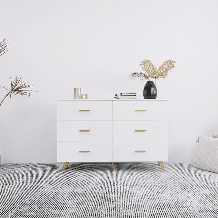 Streamdale White 6-Drawer Chest with Golden Accents