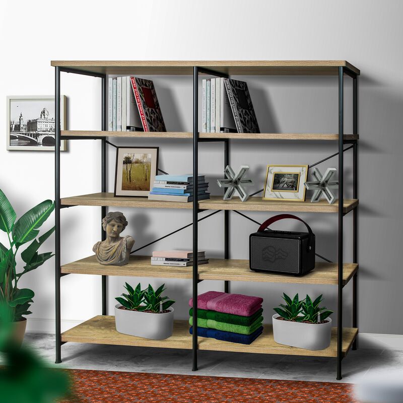 63 Inch Industrial 4 Tier Bookshelf, Particleboard, Metal Frame, Gray, Black-Benzara