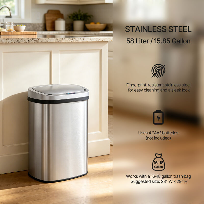 13 Gal./50 Liter Stainless Steel Oval Motion Sensor Trash Can for Kitchen image number 2