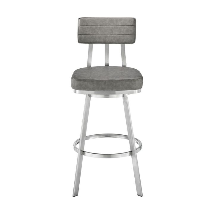 Col 26 Inch Swivel Counter Stool, Gray Faux Leather, Stainless Steel Frame - Benzara
